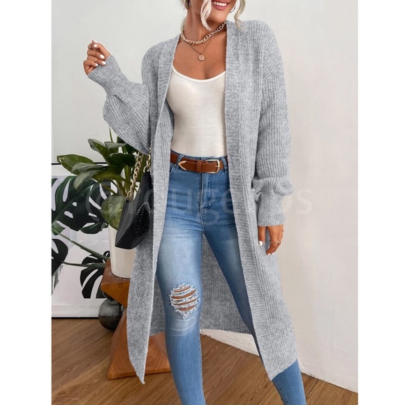 Grey Duster Cardigan Front Pockets Cable Knit Long Sleeve Midi Length - Picture 3 of 8